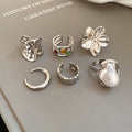 Gold Silver Open Flower Pearl Metal Ring Six Piece Sets view 9