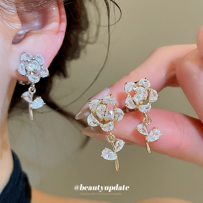 Crystal Rose Clip On Earrings in Two Finishes Statement Jewelry Design
