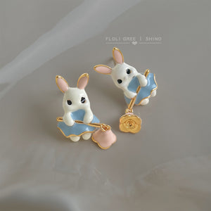 Hand Painted Enamel Rabbit Stud Earrings with Pink Flower Drop, Brass