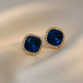 Blue Square Gem Look Stud Earrings with Gold Tone Frames view 3