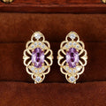 Gold Tone Ornate Oval Purple Stone Leverback Earrings view 5