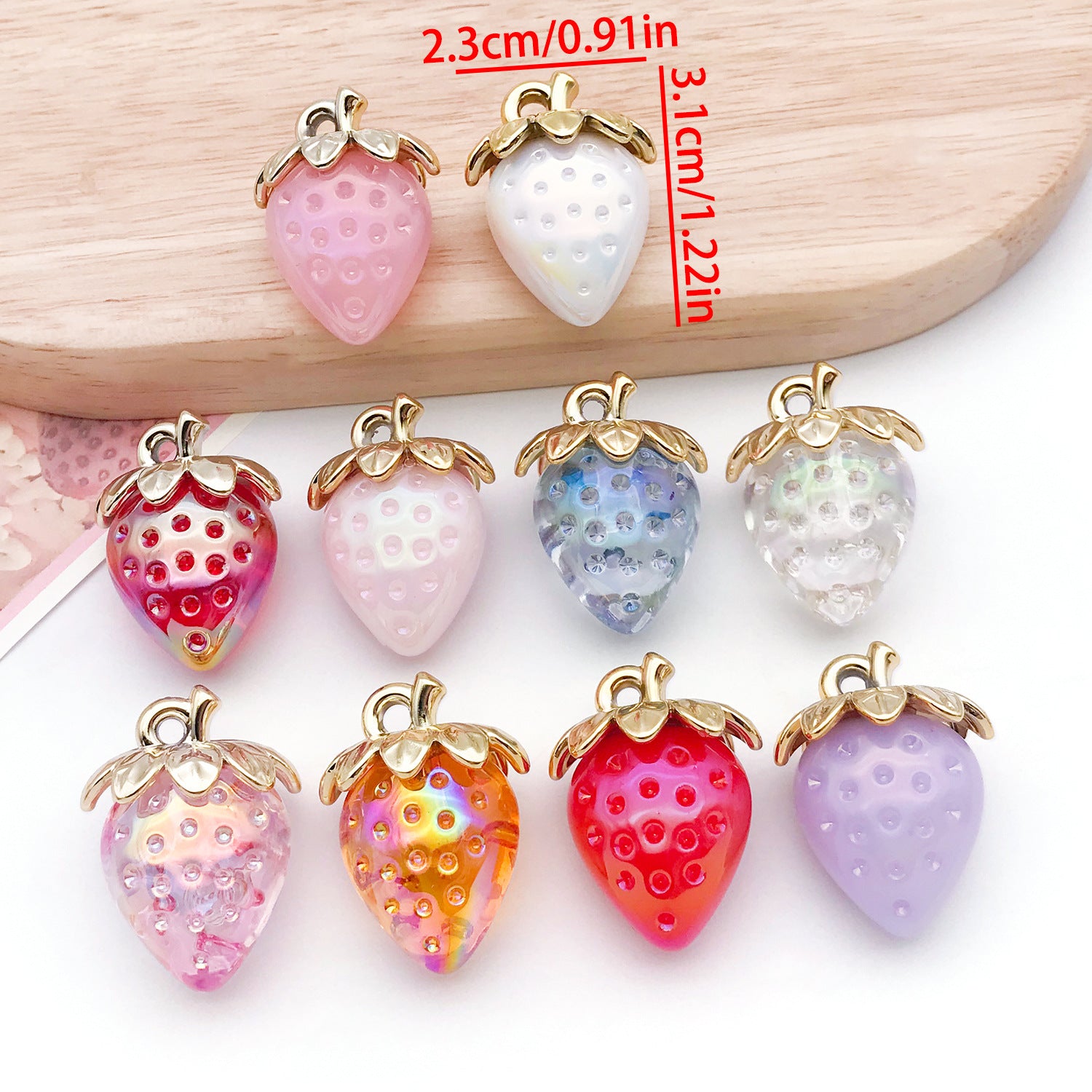 Iridescent Plated Transparent Acrylic 3D Strawberry Charm Pendant for Keychain Phone Strap Making