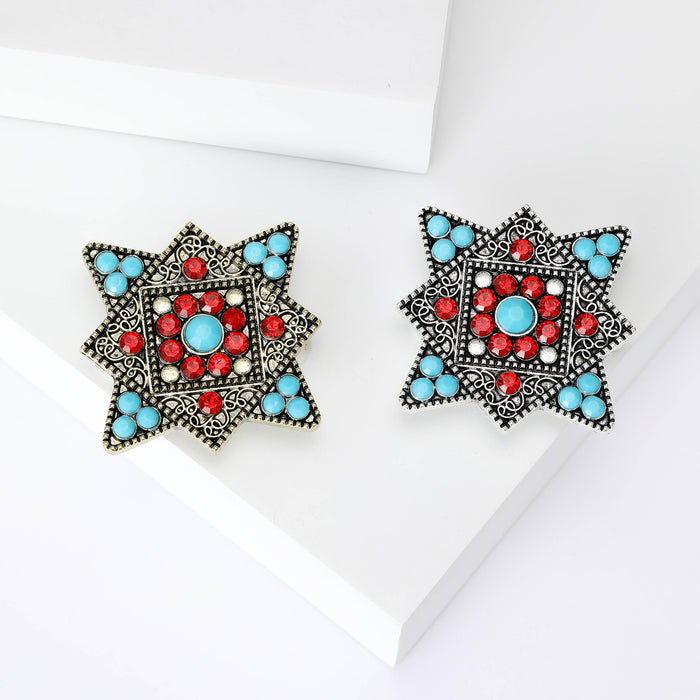 Geometric Floral Brooch with Red and Turquoise Stones
