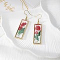 Gold Tone Slim Rectangular Pressed Flower Drop Earrings in Four Designs view 2