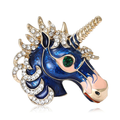 Crystal and Enamel Unicorn Head Brooch shown against a white display background