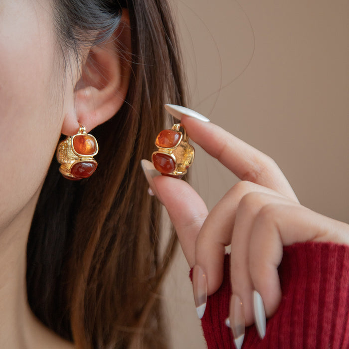 Red Cabochon Textured Gold Tone Wide Hoop Earrings