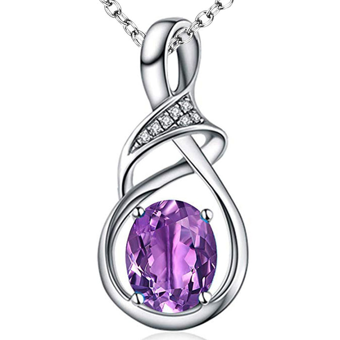 Silver Twist Oval CZ Pendant Necklace Blue Purple Yellow