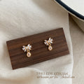 Gold Mini Bow Stud Earrings Clear Crystal Teardrop Drop view 1