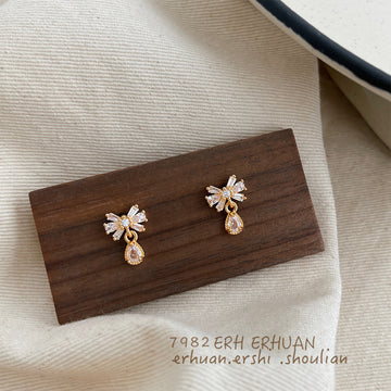 Gold Mini Bow Stud Earrings Clear Crystal Teardrop Drop