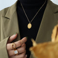 Oval Birth Flower Double Sided Pendant Necklace Gold Steel view 4