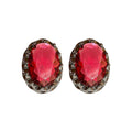 Dark Silver Tone Oval Stud Earrings With Faceted Red Centers view 5