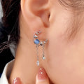 Silver Tone Crescent Moon Blue Cabochon Dual Chain Earrings view 2