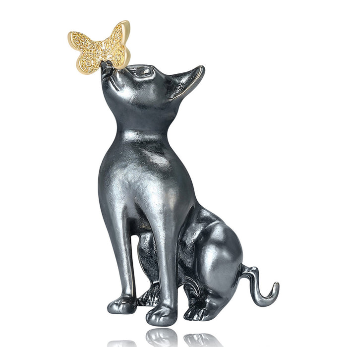Black Enamel Sitting Cat Brooch With Small Gold Butterfly
