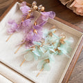 Sheer Flower Dangle Clip Earrings in Purple or Mint Green view 4