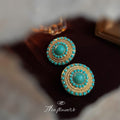 Gold Tone Turquoise Round Cabochon Geometric Stud Earrings view 1