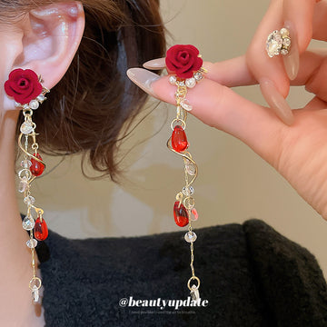Red Rose Floral Chain Drop Earrings Decorative Jewelry Design