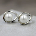 Pearl Stud Earrings with Asymmetric Open Metal Loops view 1
