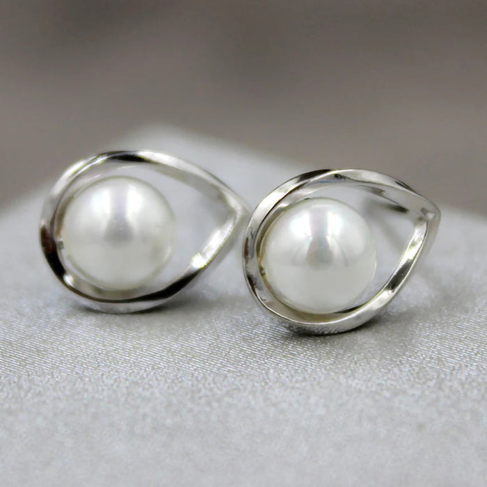 Pearl Stud Earrings with Asymmetric Open Metal Loops