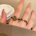 Tiger Eye Beaded Elastic Ring Heart Charm 2 Styles view 1