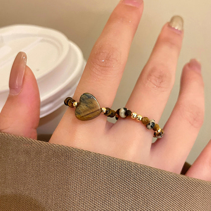 Tiger Eye Beaded Elastic Ring Heart Charm 2 Styles
