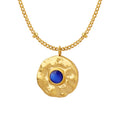 Gold Hammered Round Pendant Necklace Blue Cat Eye Cabochon view 5