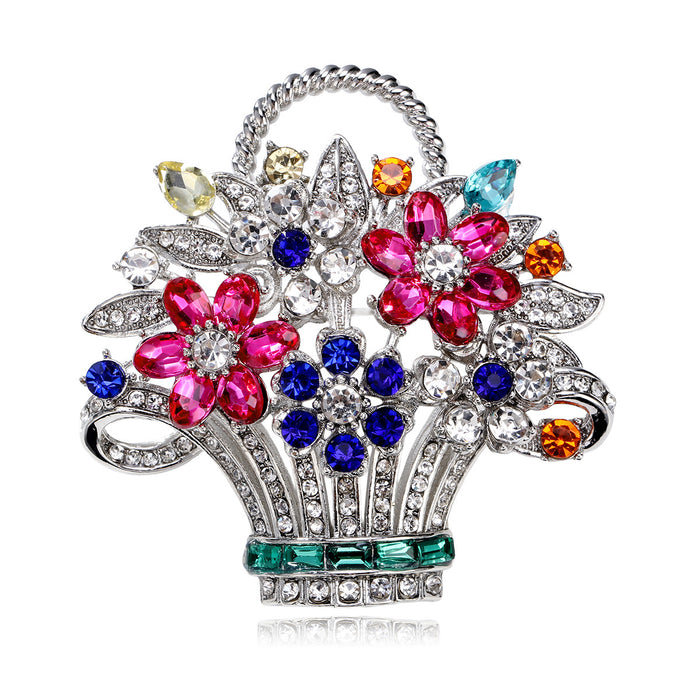 Flower Basket Crystal Metal Brooch Pin 4.9 x 5 cm for Jackets and Lapels