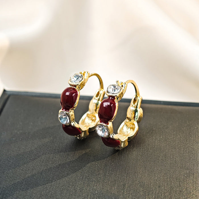 Burgundy Square Crystal Look Gold Tone Huggie Earrings