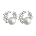 Silver Tone Clear Stone Starry Arc And White Pearl Stud Earrings view 5