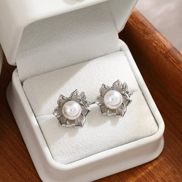 Silver Tone Textured Flower Pearl Look Stud Earrings