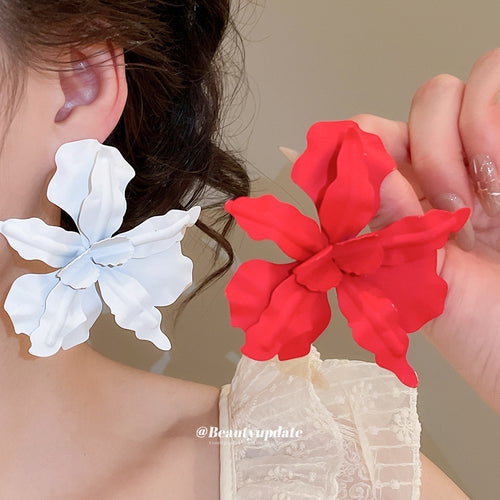 Layered Fabric Flower Statement Earrings in Red and White shown worn for scale