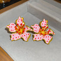 Pink Enamel Lily Flower Stud Earrings With Gold Trim view 6