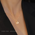 Gold Tone Clear Crystal Ginkgo Fan Pendant Chain Necklace view 2