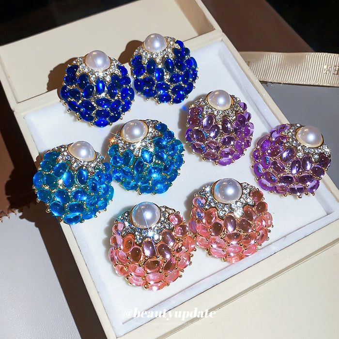 Crystal Cluster and Pearl Stud Earrings in Four Colors