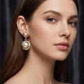 Double White Pearl Look Gold Tone Halo Dangle Stud Earrings view 6