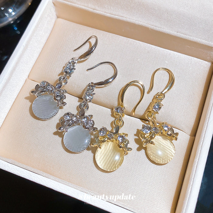 Round Cabochon Drop Earrings with Floral Metal Details