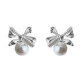 Sculpted Bow Stud Earrings in Silver-Plated Copper, Pearl Drop view 5