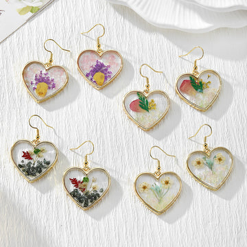 Heart-Shaped Pressed Flower Drop Earrings in Four Designs