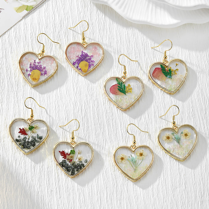 Heart-Shaped Pressed Flower Drop Earrings in Four Designs