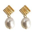 Gold-Tone Ridged Square Stud Baroque Pearl Drop Earrings view 5