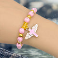 Pink Cross Bead Stretch Bracelet Gold Winged Cross Charm view 4