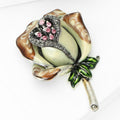 Enamel Rosebud Brooch with Pink Crystal Cluster and Green Stem view 3
