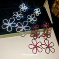 Silver and Burgundy Open Flower Long Stud Earrings view 1