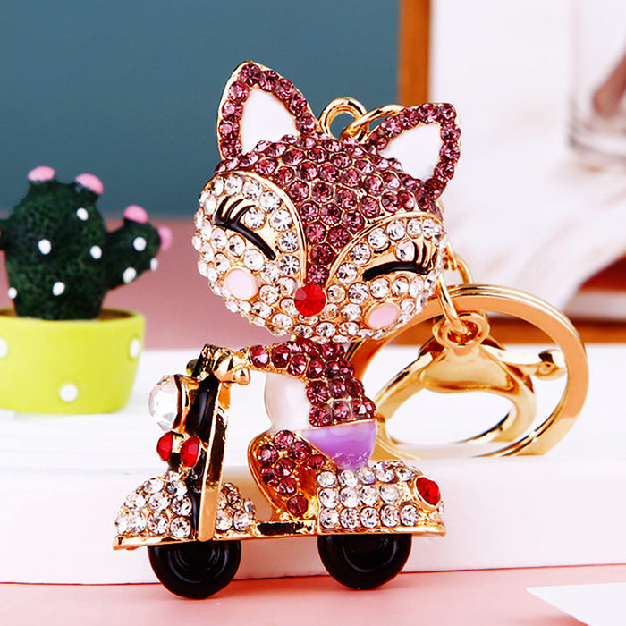 Jeweled Scooter Riding Fox Keychains in Five Colors and Fifteen Loop Options