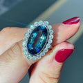 Silver Tone Aqua Oval Crystal Halo Statement Ring Polished Metal Jewelry view 1