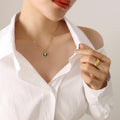 Gold Green Enamel Daisy Flower Stud Earrings And Pendant Necklace view 4