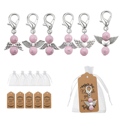 Six pink bead angel keychains with bags and kraft tags