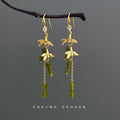 Gold Tone Green Bamboo Branch Long Hook Earrings For Women view 1
