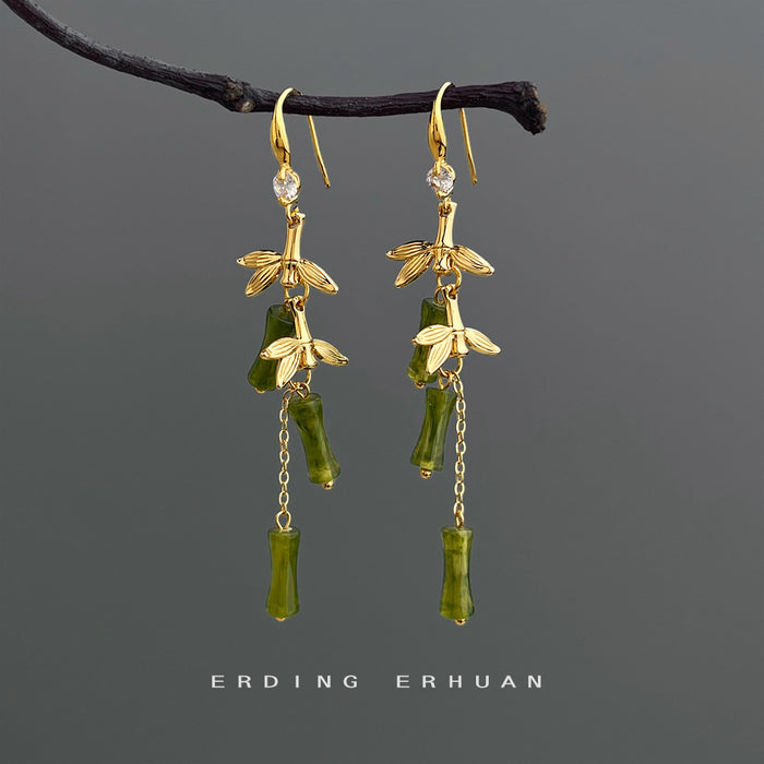 Gold Tone Green Bamboo Branch Long Hook Earrings For Women