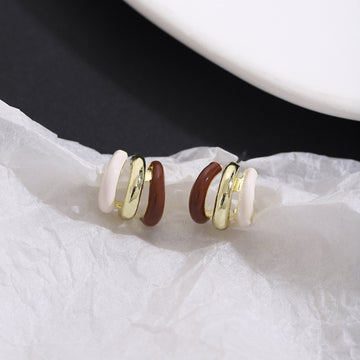 Brown White and Gold Tone Layered Small Hoop Earrings
