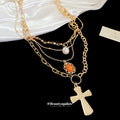 Layered Gold Tone Cross And Pearl Necklace Set Jewelry view 4